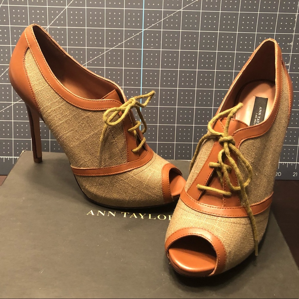 Ann Taylor’s Lily Laceup Canvas Peep-toe Booties